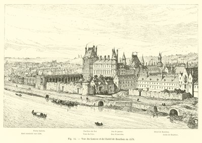 Udsigt over Louvre og Hotel de Bourbon i 1576 af French School