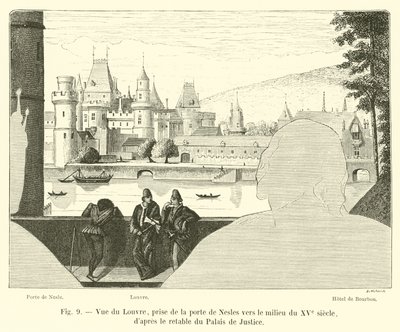 Udsigt over Louvre, taget fra Porte de Nesles omkring midten af ​​det 15. århundrede, efter altertavlen i Palais de Justice af French School