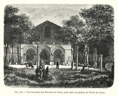 Udsigt over Palais des Thermes i Paris, taget fra haven på Hôtel de Cluny (gravering) af French School