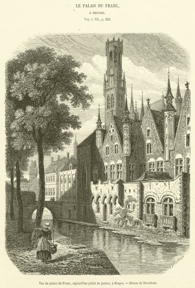 Udsigt over Palais du Franc, nu retsbygningen, i Brugge (gravering) af French School