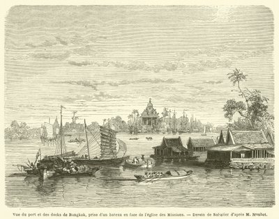 Udsigt over havnen og havnen i Bangkok, taget fra en båd foran Missionskirken (gravering) af French School