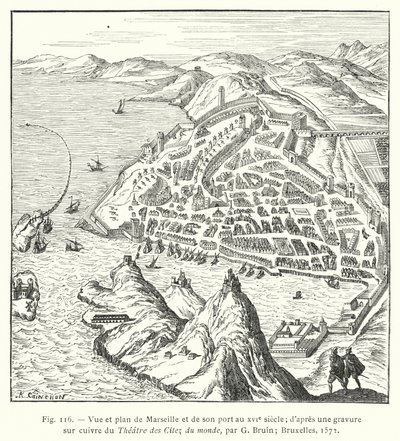 Udsigt og plan over Marseilla og dens havn i det 16. århundrede; fra et kobberstik af Theatre des Citez du monde, af G Bruin; Bruxelles af French School