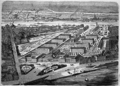 Udvendigt billede af Hotel Dieu (Hotel-Dieu) i Nantes, indviet i 1863. Dette hospital blev næsten fuldstændig ødelagt under et bombardement i 1943. Loire Atlantique (44). Indgravering i ""Le Monde Illustre"" nr. 347 af 5. december 1863. af French School