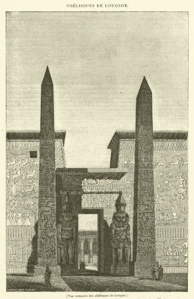 Restaureret udsigt over obeliskerne i Luxor (gravering) af French School