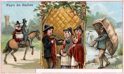 Wales, et salgsfremmende kort til drinken Chicorée à la Bergère med skildringer af walisisk liv, ca. 1890 (se også 488432) af French School