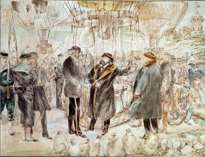Krig i 1870: Leon Gambetta forlader Paris belejring i en ballon (maleri af French School