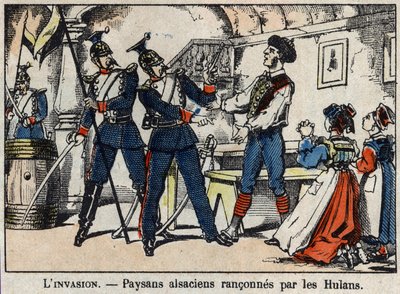 Krig i 1870 mellem Frankrig og Preussen: Elsassiske bønder udsat for hulanernes (Uhlans, Houlans) billede af Epinal. af French School