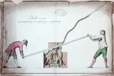 Vandpumpe til slukning af brande, midten af 1700-tallet (akvarel på papir) af French School