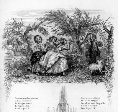 Vi var tre piger. Tre piger leger med en hyrde og gør ham utilpas. Indgravering i "" Chants et chansons populaire de la France", Tome 2 af French School