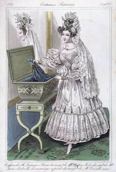 Brudekjole, modetallerken fra Costumes Parisiens, 1831 af French School
