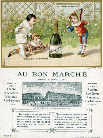 Hvilket held! en Flaske Champagne; for- og bagside af et salgsfremmende kort til Bon Marché-varehusene i Paris, ca. 1895 af French School