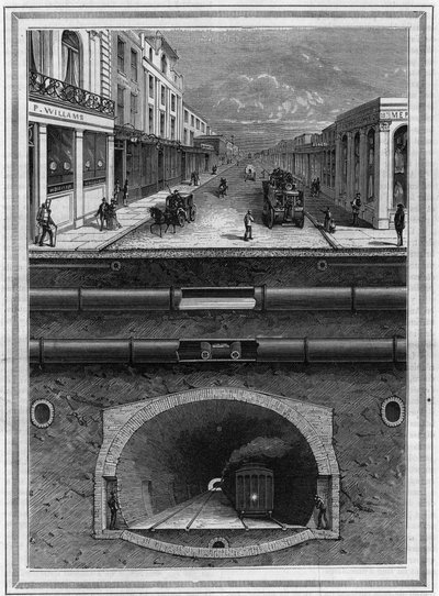 Hvad er under banegården i London (Storbritannien): Gasrør, vandrør, pneumatisk rør til affald, afløb, tunnel og jernbanelinje til storbyområder. Indgravering i "" La Nature. Revue des sciences et de ses applications aux arts et à l