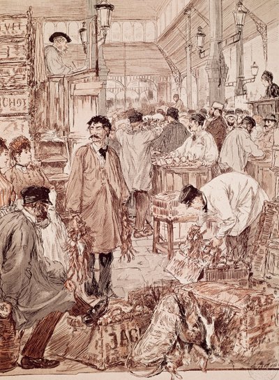 Vildtauktion i Les Halles, illustration, Paris, Frankrig af French School