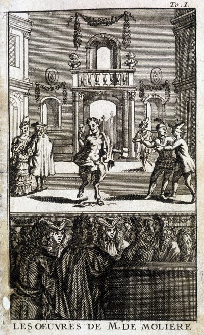 Dyreliv og karakterer på scenen med publikum - i "The Works of M. de Molière"" af French School
