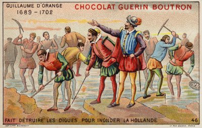 Vilhelm af Orange ødelægger diger for at tillade oversvømmelsen af Holland (chromolitho) af French School