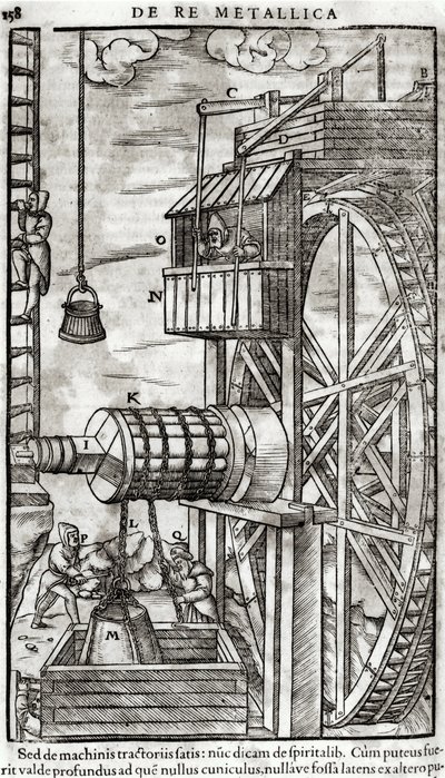 Spil til at få vand fra en mine, illustration fra De Re Metallica af Georg Bauer (1494-1566) kendt som Agricola, 1561 af French School