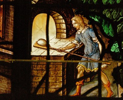 Window Charnier-13, der viser bagerne på arbejde og en scene fra Abraham, der bliver besøgt af 3 engle af French School