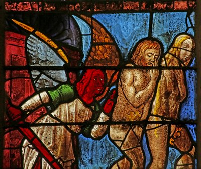 Vindue, der viser Adam og Eva, der bliver fordrevet fra Eden (farvet glas) af French School
