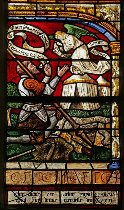 Vindue, der forestiller Gideon og det gyldne skind (farvet glas) af French School