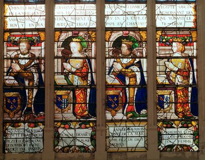 Vindue, der forestiller Jacques de Bourbon (1315-61) Comte de la Marche, Jeanne de Chatillon-Saint-Pol (d.1371) Jean I de Bourbon (1361-94) og Catherine, Comtesse de Vendome af French School