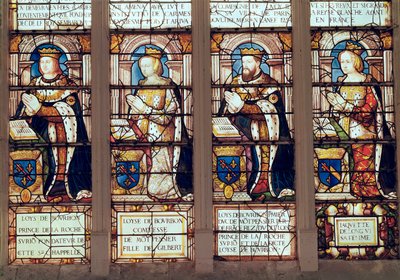Vindue afbilder Louis de Bourbon (1465-1520) Prins af La Roche-sur-Yon, Louise de Bourbon (d.1561) Comtesse de Montpensier, Louis II de Bourbon (1513-82) Duc de Montpensier og Jacquette de Longwy ( af French School