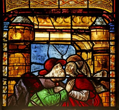 Vindue, der viser Saint Anne og Joachim ved Golden Gate (farvet glas) af French School