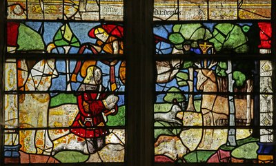 Vindue, der forestiller Sankt Hubert og Hjorten (farvet glas) af French School