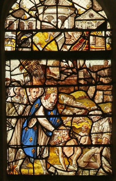 Vindue, der viser Saint Louis begraver de døde (farvet glas) af French School