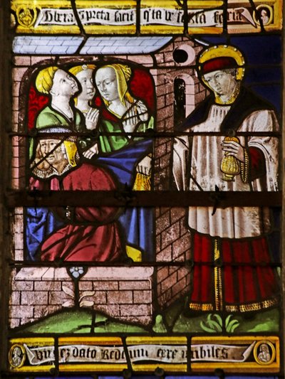 Vindue, der forestiller Sankt Nikolaus, der efterlader penge til faren til tre piger for at undgå, at de går i prostitution (farvet glas) af French School