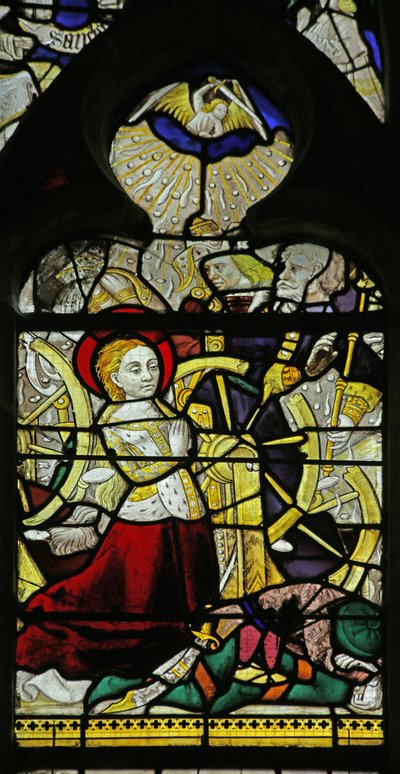 Vindue, der viser St. Catherine, der beder, og engle, der knækker hjulet ved at kaste med sten, 1460-70 af French School
