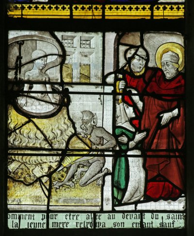 Vindue, der viser Skt. Nicholas, der redder et barn fra at blive kogt levende, 1460-70 af French School