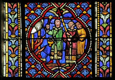 Vindue, der viser en scene fra Saint Arthemes liv: En brand i byen Clermont nødvendiggør bevægelsen af de hellige relikvier. Et optog bærer relikvieskrinet og ankommer til bålet og b af French School