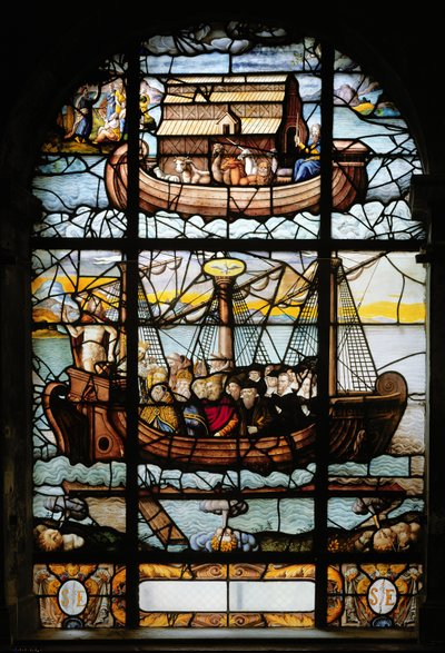 Vindue, der forestiller et skib med helgener og Noahs ark, 1612-22 af French School