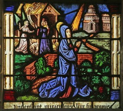 Vindue, der viser bebudelserne til Anne og Joachim (farvet glas) af French School