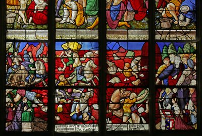 Vindue, der viser israelitterne krydser Det Røde Hav og Faraos hær drukner (farvet glas) af French School