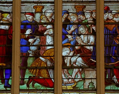 Vindue, der viser de fromme og velgørende handlinger fra Saint Louis, der undergår flagellering (farvet glas) af French School