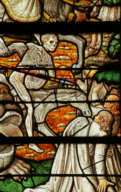 Vindue, der afbilder åbenbaringen: Apokalypsens fire ryttere (farvet glas) af French School