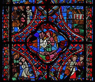 Vindue, der afbilder anden sektion af St James-vinduet, w5: i midten ses Passionens søm; Filetus er omvendt; Hermogenes med St James; en kirke; St James med 2 mænd nn (plettet g af French School