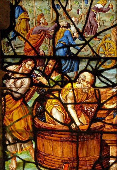 Vindue i Charnier (w.11), der viser en detalje fra Mystic Wine Press af French School