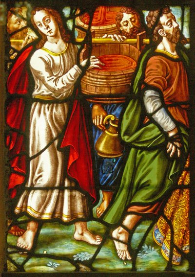 Vindue i Charnier (w.11), der viser en detalje fra Mystic Wine Press af French School