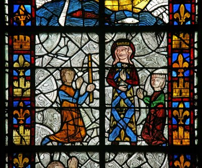 Vindue n1, der viser Saint Radegonde: En kur ved helgengraven; fra gigt? (Sandsynligvis ikke den traditionelle Godas-kur) af French School