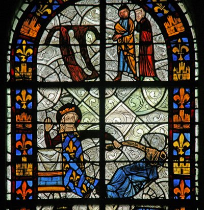 Vindue n1, der viser Saint Radegonde: Anderduss barn bliver helbredt ved at ligge på Ste Radegonde hårskjorte; helgenen genopliver et sygt barn af French School