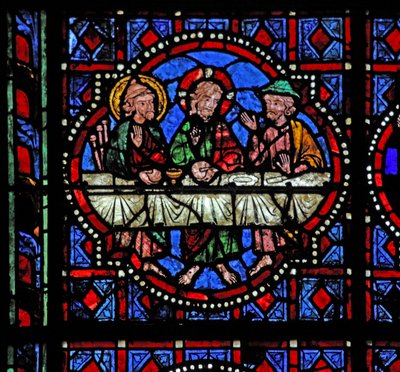 Vindue w02, der viser en opstandelsesscene: nadveren i Emmaus af French School