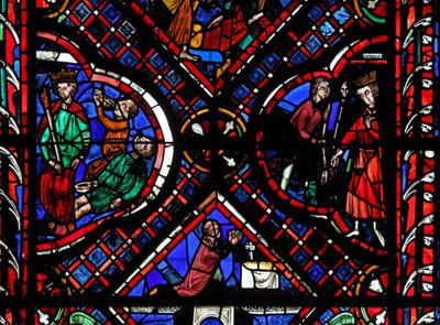 Vindue w03, der viser scener fra legenden om St John, inklusive helgenen og den forgiftede kop af French School