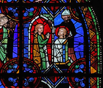 Vindue w06, der viser en pilgrim foran relikvien fra St. Julien de Brioude af French School