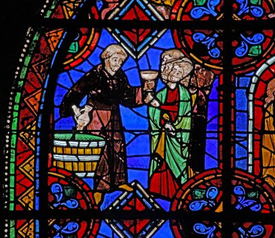Vindue w06, der viser pilgrimme ved graven til St. Julian af Brioude, hvor vin uddeles af French School
