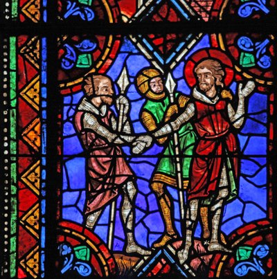 Vindue w06, der afbilder historien om St. Julian af Brioude - St. Ferreol, en ven af Julien, som døde under Diocletians forfølgelser, bliver arresteret af French School