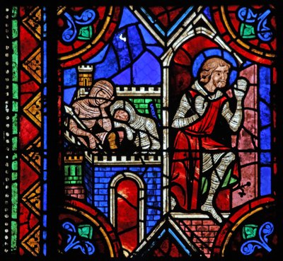 Vindue w06, der viser historien om Sankt Julian af Brioude - Sankt Ferreol, en ven af Julien, som døde under Diocletians forfølgelser, flygter af French School