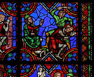 Vindue w06, der viser historien om St. Julian af Brioude - St. Ferreol, en ven af Julien, som døde under Diocletians forfølgelser, bliver fanget og tævet af French School