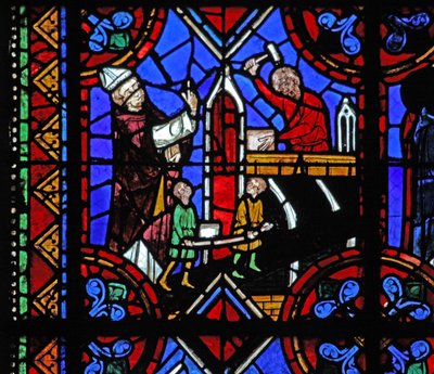 Vindue w06, der viser opførelsen af en kirke af French School